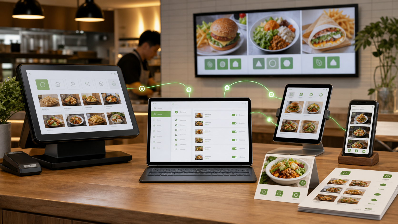 Restaurant menu synced to POS, delivery tablets, digital menu boards, online ordering, and print materials