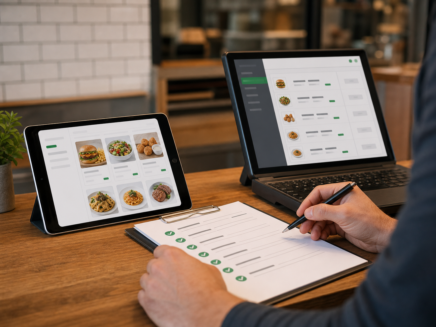 Restaurant manager reviewing menu data across a laptop, tablet, and printed menu